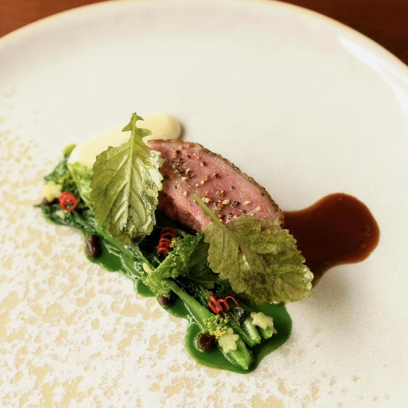 Seared meat with a dark jus, glossy leaves and a green herb purée on a speckled plate