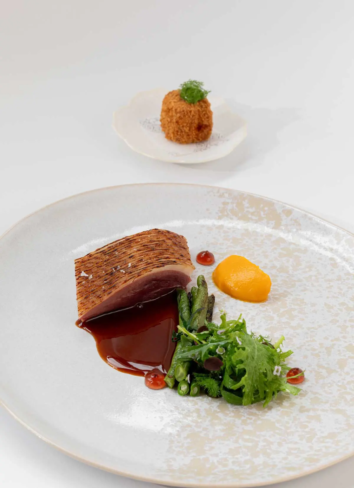 Crisp-skinned fish in dark glossy sauce with carrot purée, asparagus and herb salad